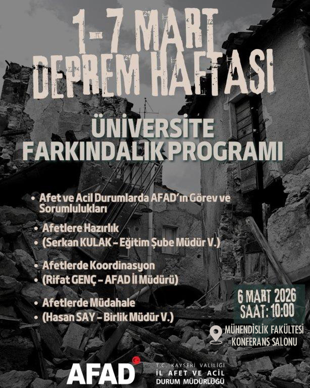 1-7 Mart Deprem Haftası Üniversite Farkındalık Programı